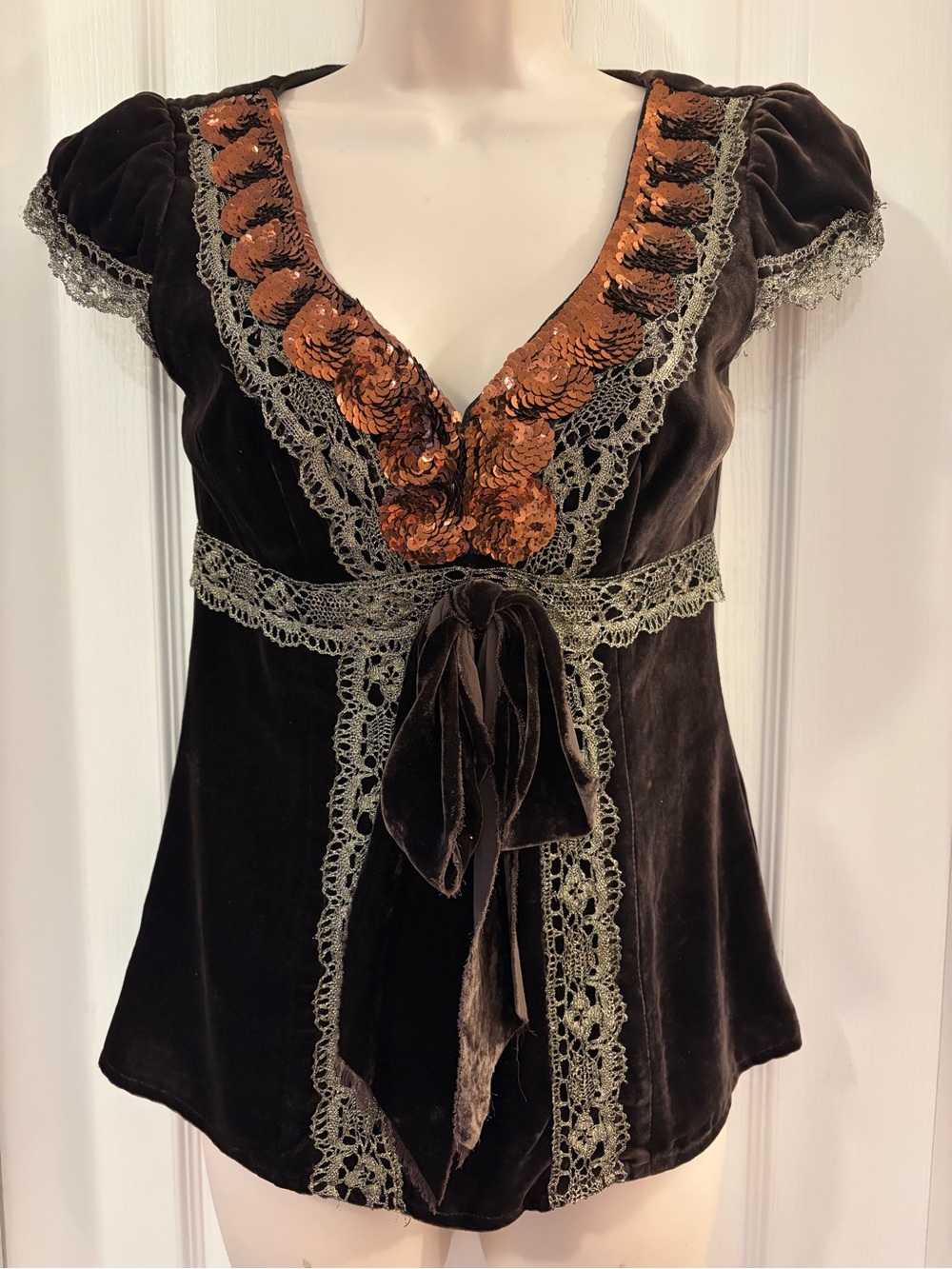 Nanette Lepore Brown Velvet Top with Copper Sequin V-Neck - Picture 1 of 12